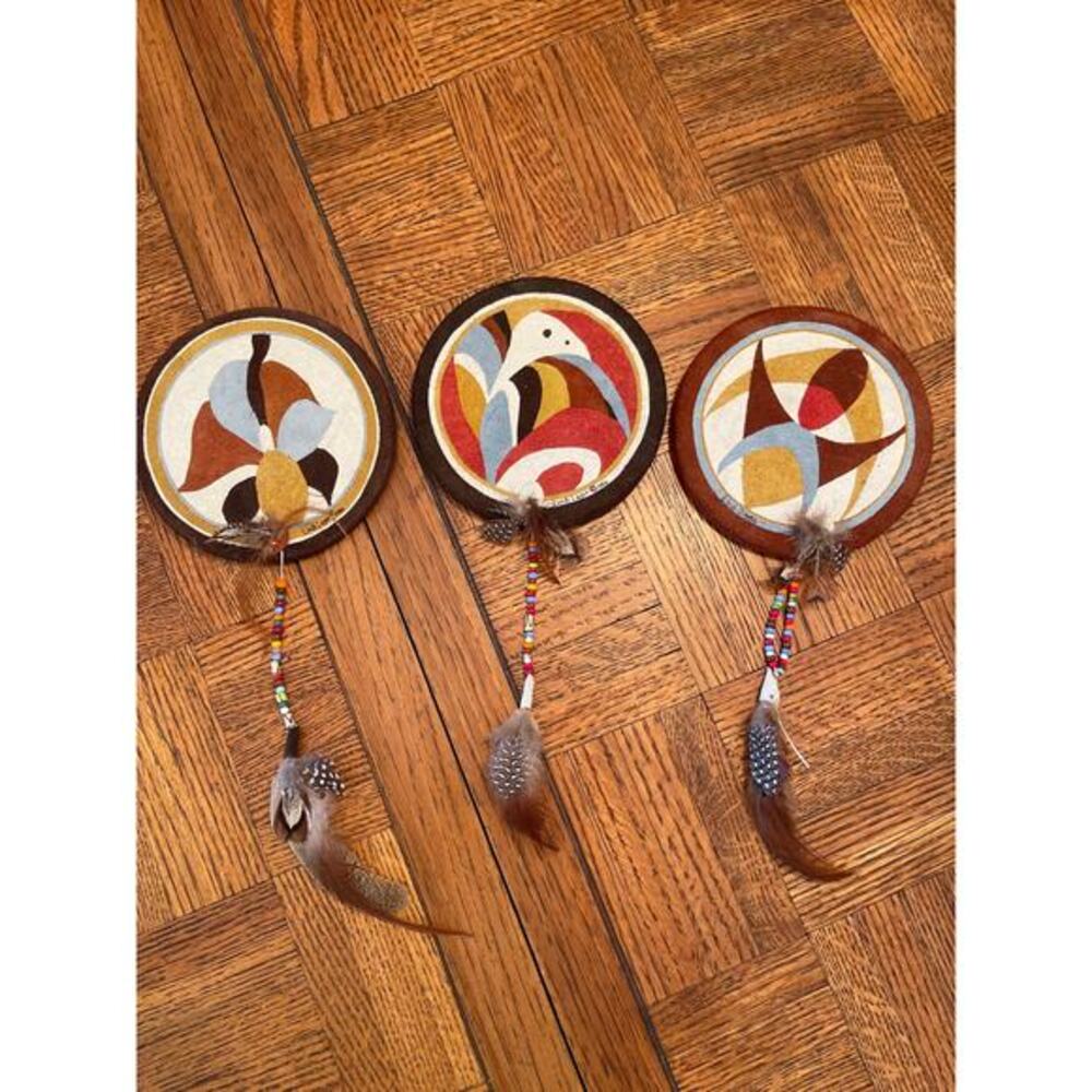 Native American signed by artist hand painted drum wall hangings set of 3